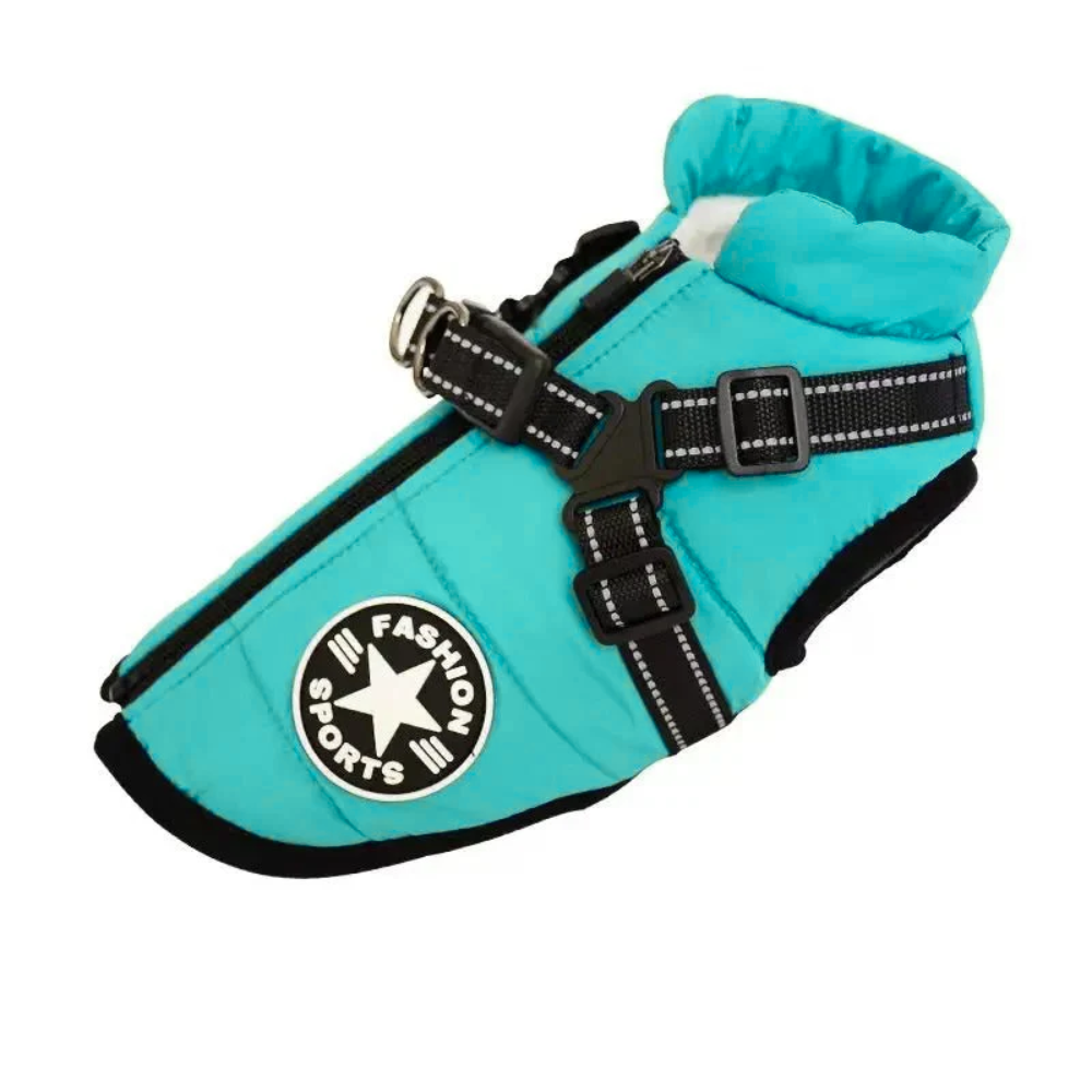 Wasserdichte Hundejacke in Dunkelblau, wärmeisolierend und sichtbar, schützt vor Regen und Kälte. Ideal für Spaziergänge.