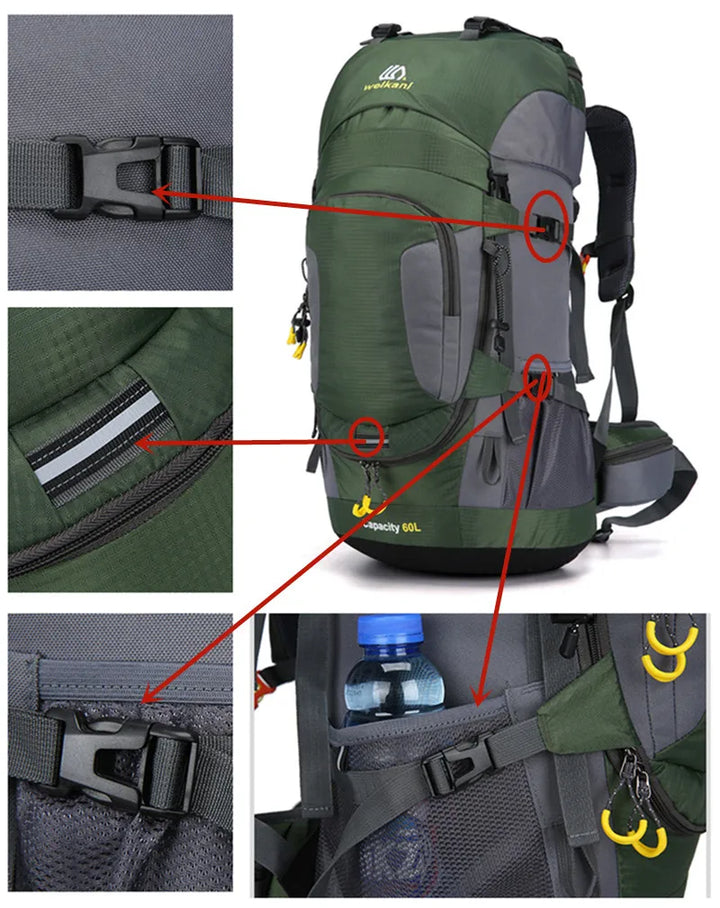 "Wasserdichter 60L Rucksack, robustes Design, geräumig, ergonomisch, ideal für Outdoor-Abenteuer und Reisen"
