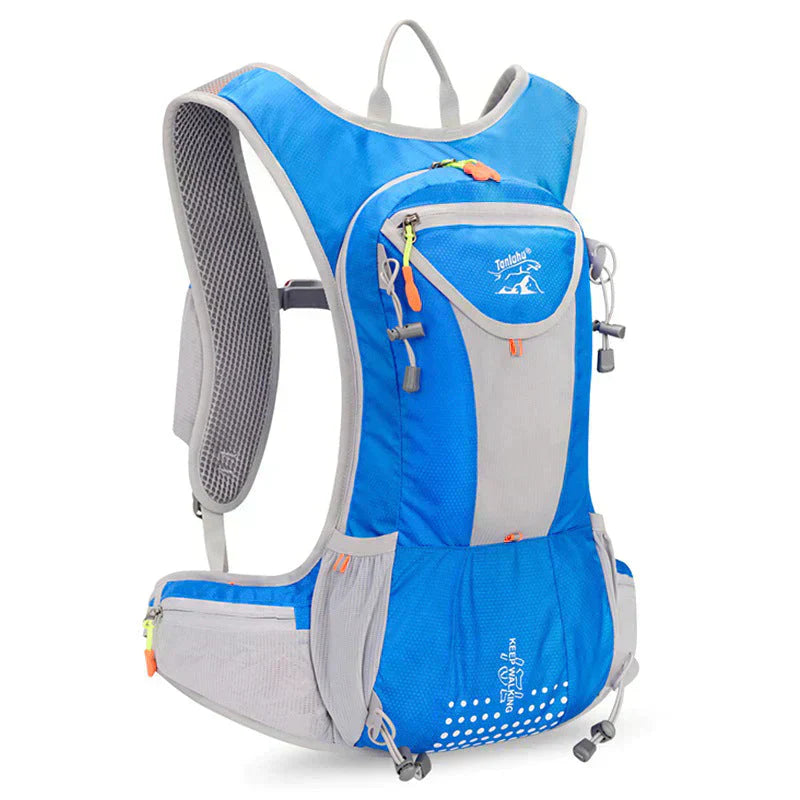 "Wasserdichter blauer Outdoor-Rucksack mit 2L Wasserblase, leicht und verstellbar, ideal für Abenteuer und Sport."