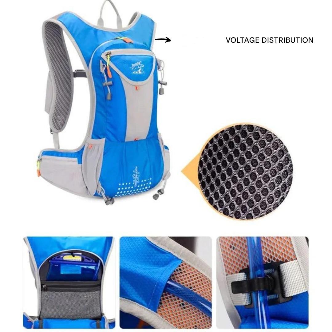 "Wasserdichter blauer Outdoor-Rucksack mit 2L Wasserblase, leicht und verstellbar, ideal für Abenteuer und Sport."
