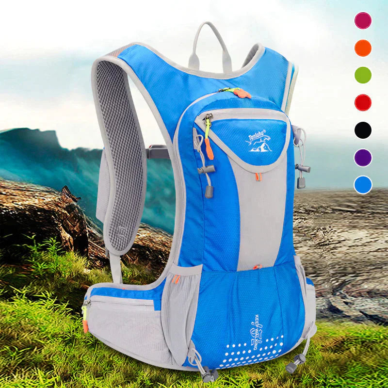 "Wasserdichter blauer Outdoor-Rucksack mit 2L Wasserblase, leicht und verstellbar, ideal für Abenteuer und Sport."