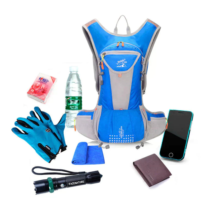 "Wasserdichter blauer Outdoor-Rucksack mit 2L Wasserblase, leicht und verstellbar, ideal für Abenteuer und Sport."