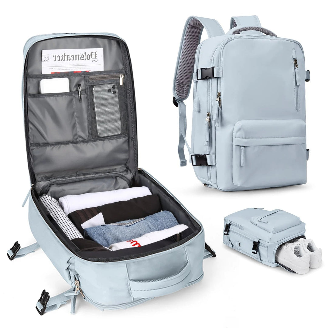 "Wasserdichter Damenreise-Rucksack mit USB-Anschluss, 35L Volumen, in Blau mit gepolsterten Gurten und Sicherheitsfach."