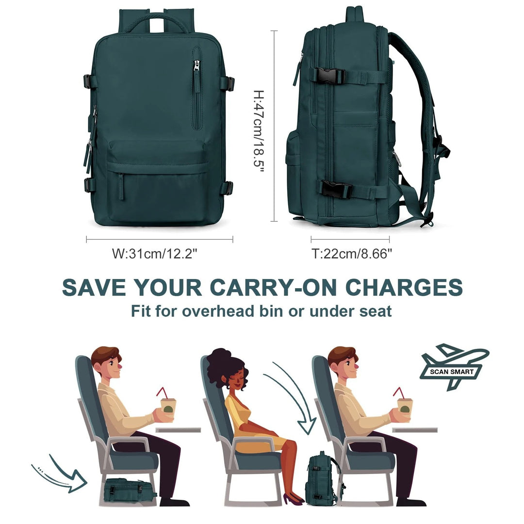 "Wasserdichter Damenreise-Rucksack mit USB-Anschluss, 35L Volumen, in Blau mit gepolsterten Gurten und Sicherheitsfach."