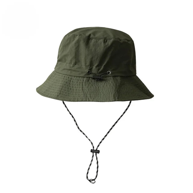 "Wasserdichter, faltbarer Bucket Hat, UPF 50+, breite Krempe, ideal für Outdoor-Aktivitäten, unifarbenes Design."
