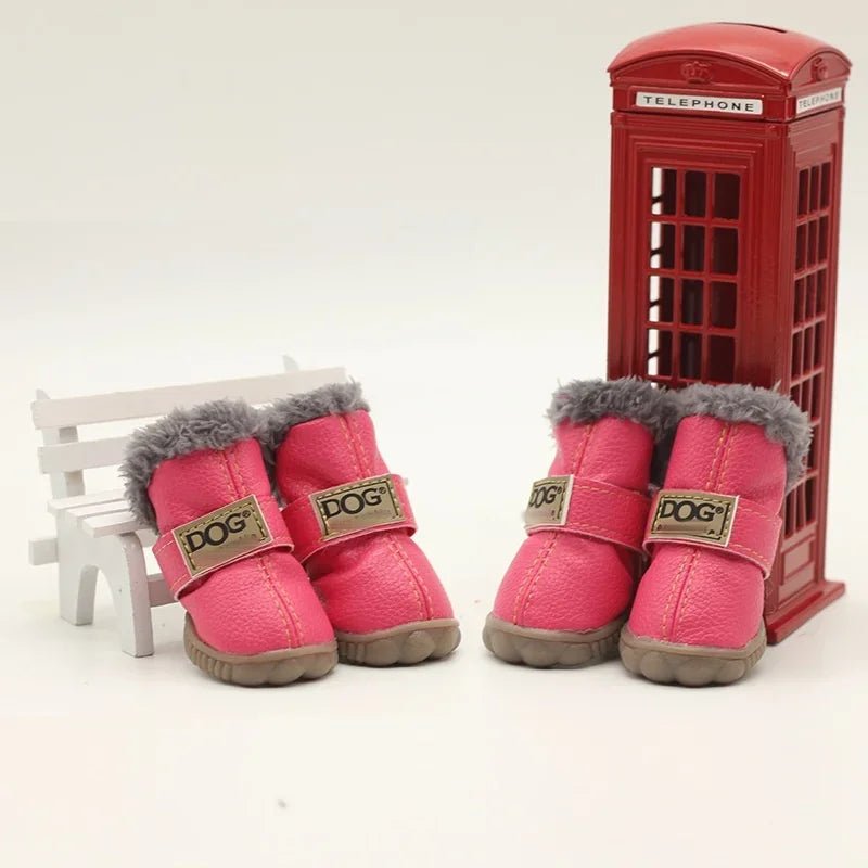 Comfortable waterproof dog boots with a snug fleece lining, designed for secure winter paw protection.