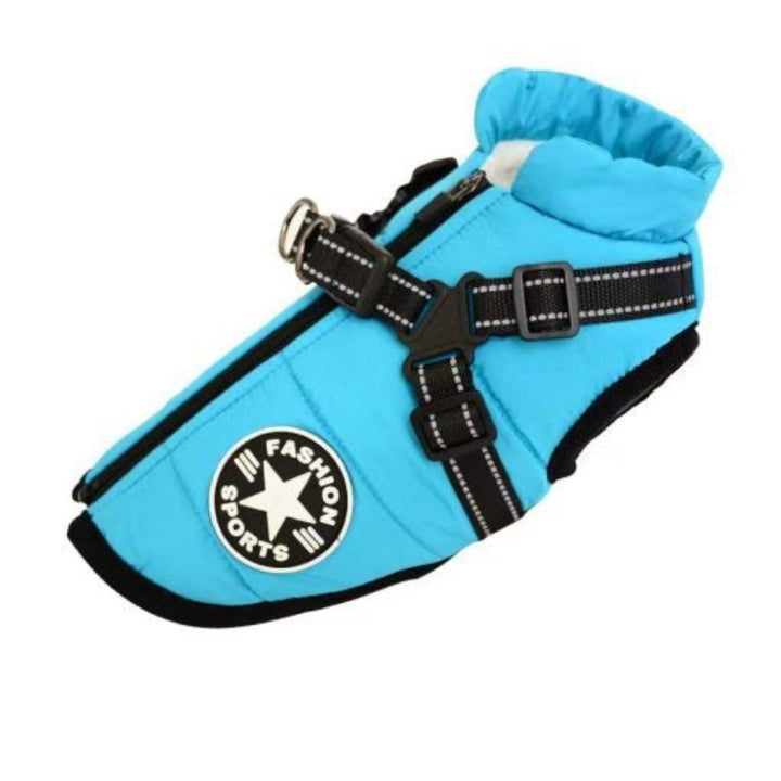 Lightweight waterproof dog jacket with integrated harness, comfortable winter dog coat.