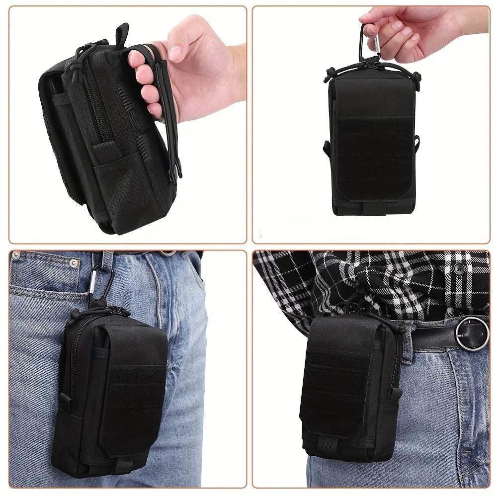 Black waterproof dog walking bag, outdoor pet gear for essentials, phone, keys, and dog waste bags.