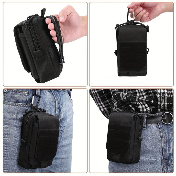 Black waterproof dog walking bag, outdoor pet gear for essentials, phone, keys, and dog waste bags.