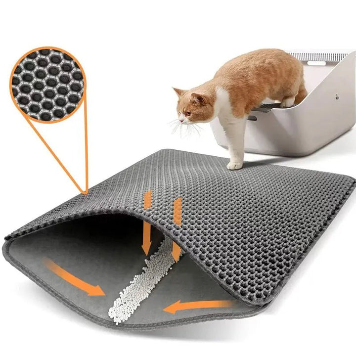 Close-up of a black waterproof double-layer cat litter mat, showing texture, for pet supplies and home cleaning