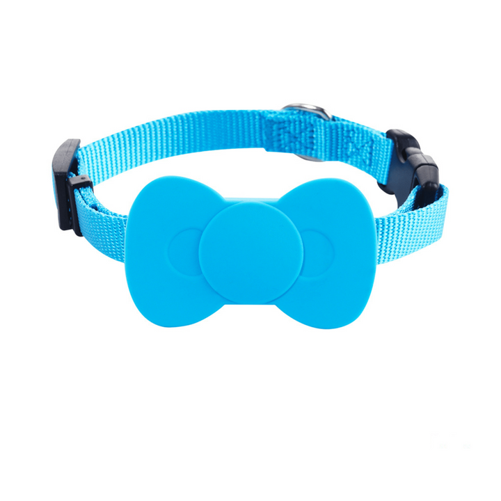 Unisex black GPS pet tracker device attached to a durable dog collar, featuring waterproof design for active pets.