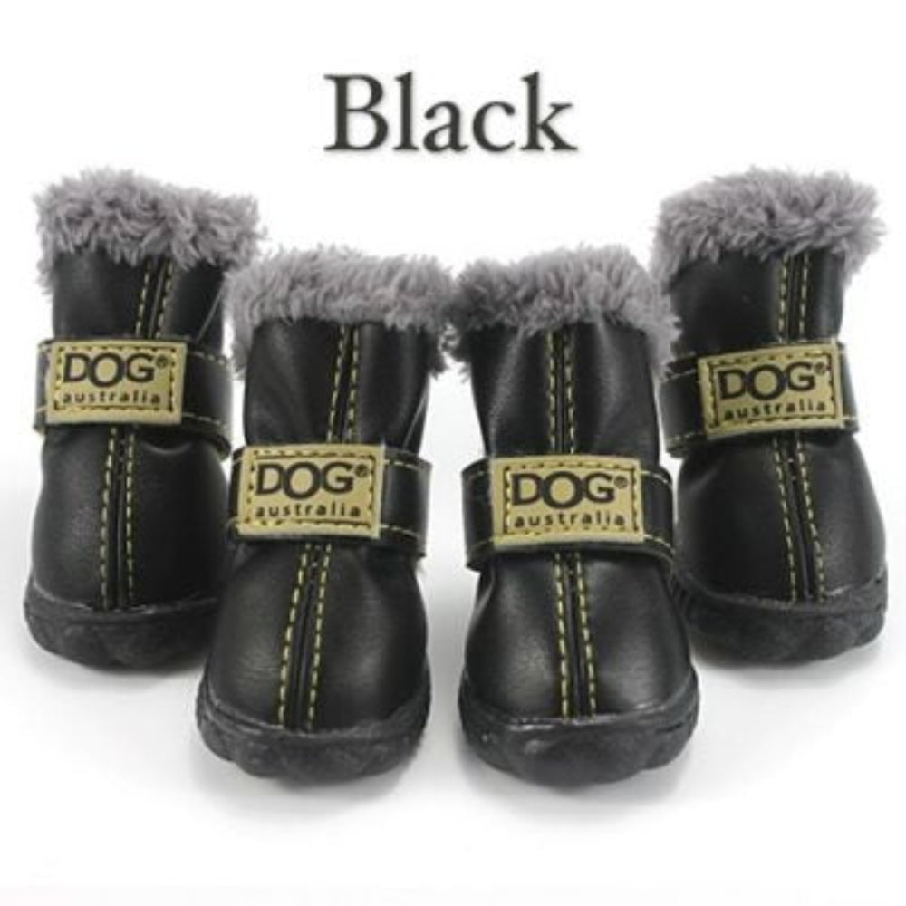 Side view of new waterproof dog boot, grey, with reflective strap for visibility during outdoor adventures.
