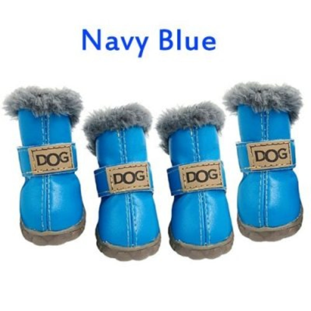Set of four waterproof dog boots in various colors, essential pet supplies for all-weather paw protection.