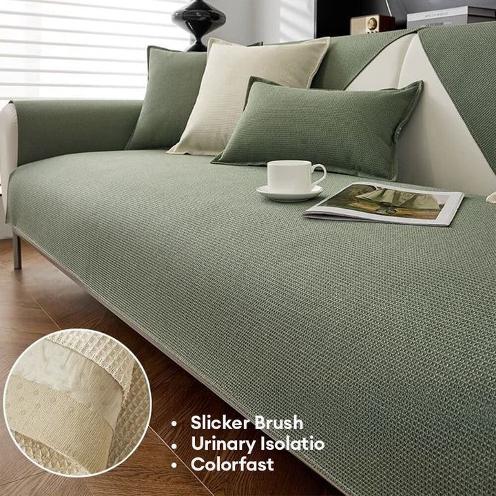 Close-up of waterproof fabric on a pet-friendly sofa cover, showing texture and durability