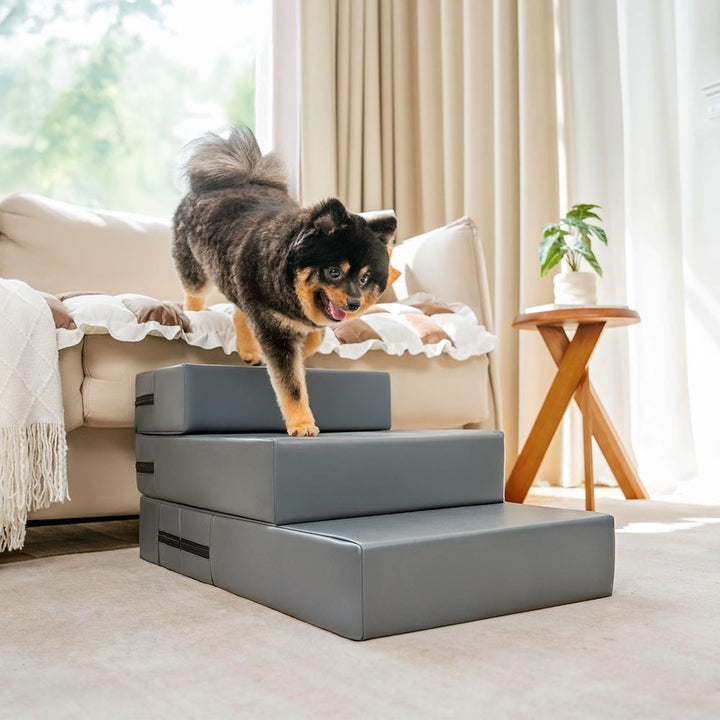 Angle shot of high-density foam pet stairs covered in waterproof PU leather for pet furniture