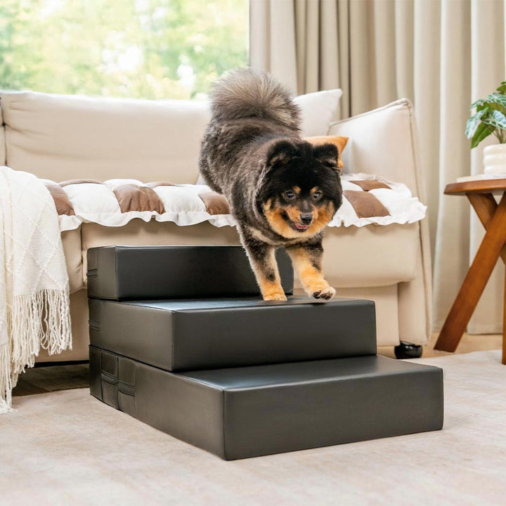 Small puppy ascending soft yet firm PU leather pet steps, perfect for reaching elevated surfaces