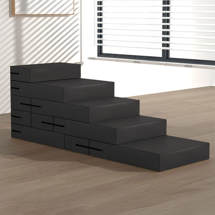 Cat resting on the top platform of multi-level PU leather pet steps, providing joint support
