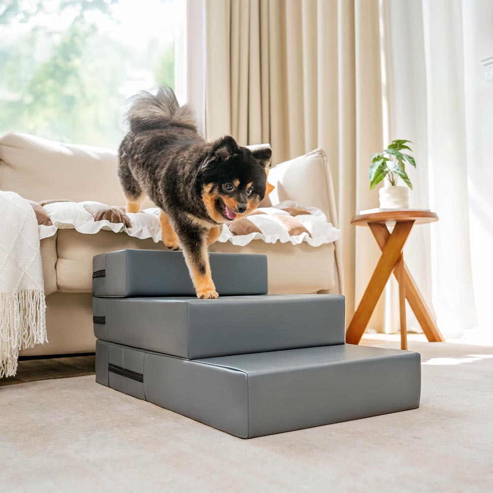 Waterproof dog & cat stairs, PU leather, modular and washable for convenient pet care.