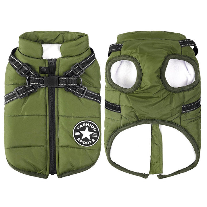 Warm pet clothing: black waterproof winter dog jacket with integrated harness & reflective trim