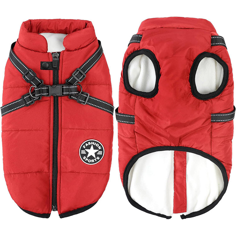 Durable green waterproof winter dog jacket with integrated harness, adjustable straps for comfort