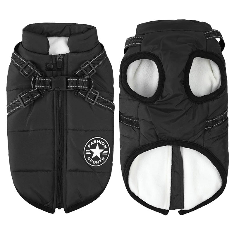 Close-up of integrated harness on a waterproof winter dog jacket, secure and adjustable design