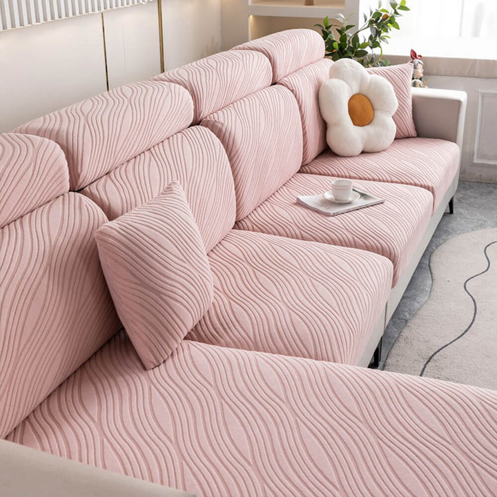 Detailed view of the stretchable wave jacquard material of the sofa cover