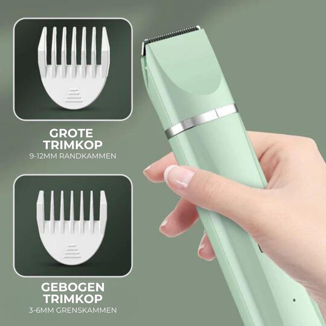 "Weiß-grüner 4-in-1 Haustier-Trimmer mit drei Trimmköpfen und Nagelschleifer, flüsterleise, ideal für stressfreie Pflege."