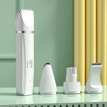 "Weiß-grüner 4-in-1 Haustier-Trimmer mit drei Trimmköpfen und Nagelschleifer, flüsterleise, ideal für stressfreie Pflege."