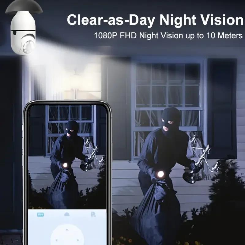 "Weiße 360° Überwachungskamera mit HD 1080p und Nachtsicht, ideal für Innen- und Außeneinsatz, wetterfest, WLAN-kompatibel."