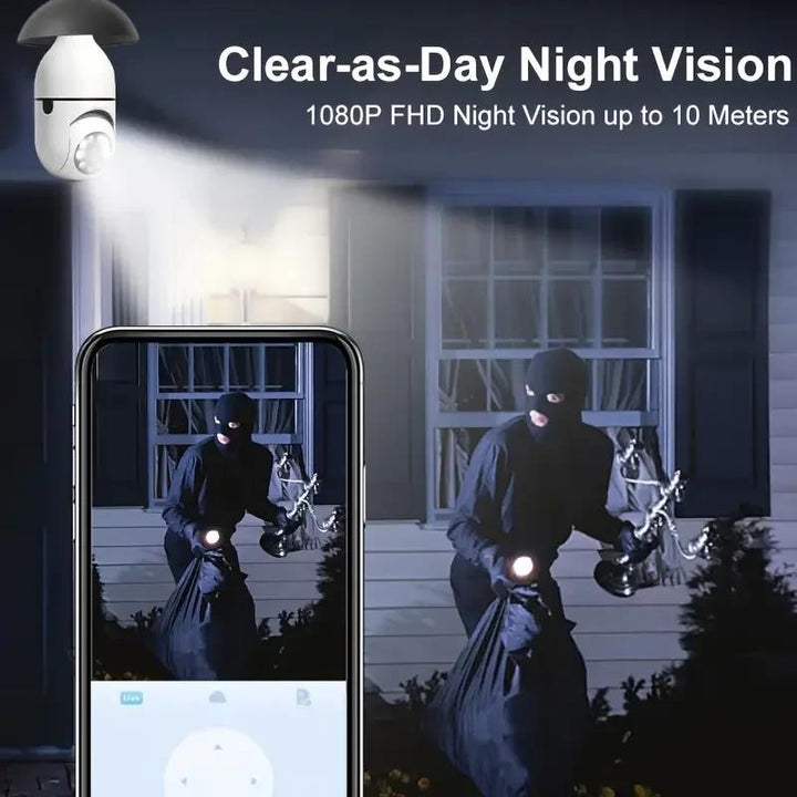 "Weiße 360° Überwachungskamera mit HD 1080p und Nachtsicht, ideal für Innen- und Außeneinsatz, wetterfest, WLAN-kompatibel."