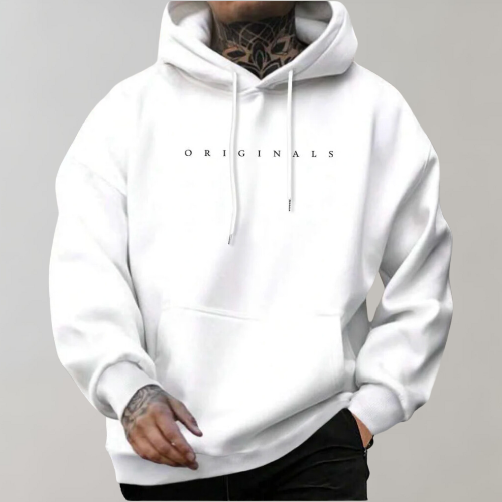"Weißer Herren Hoodie aus weichem Material, ideal für Herbst, mit stilvollem Design und komfortabler Passform."