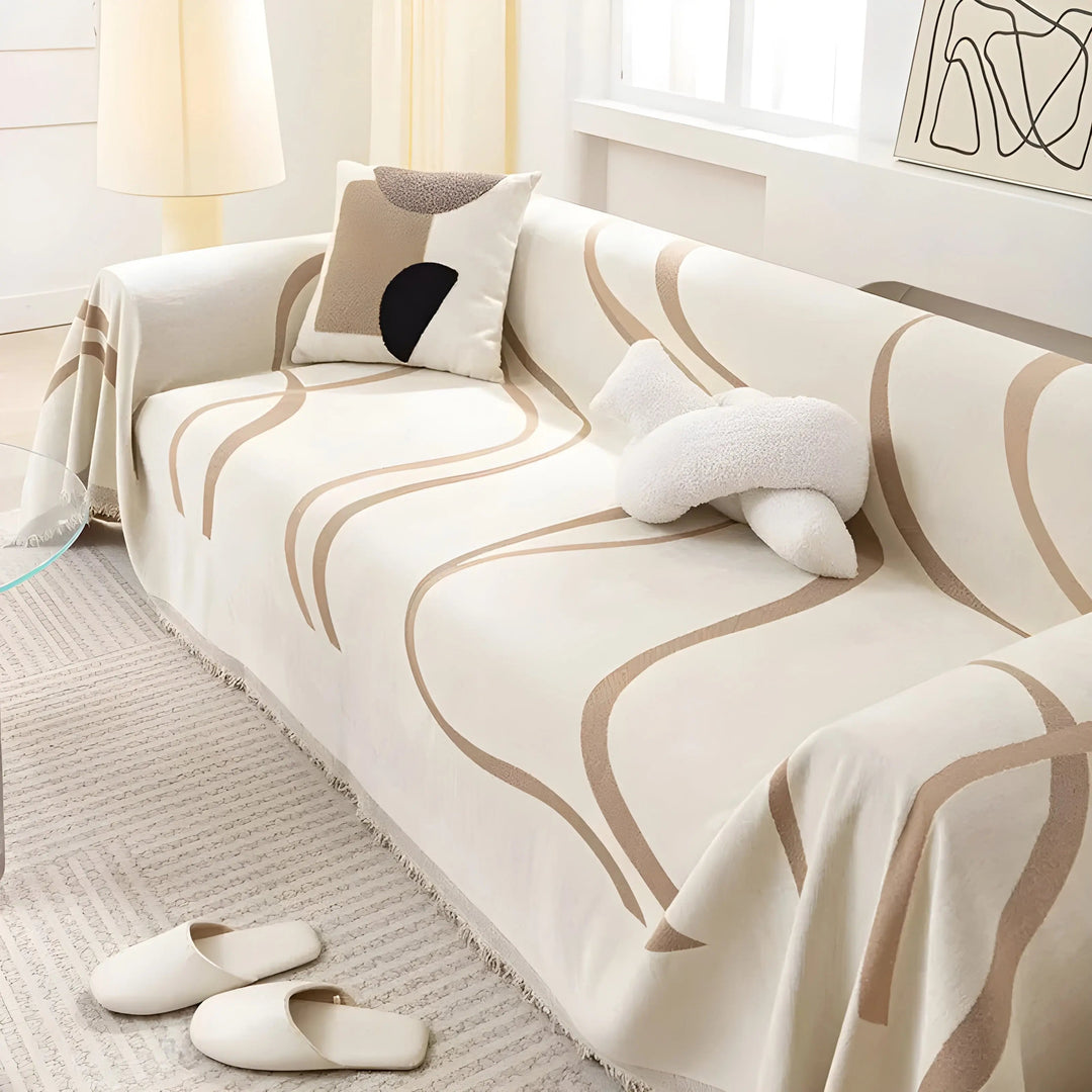 "Wendbarer Sofabezug aus Chenille & Baumwolle in Grau, elegantes Muster, schützt vor Flecken und ist pflegeleicht."