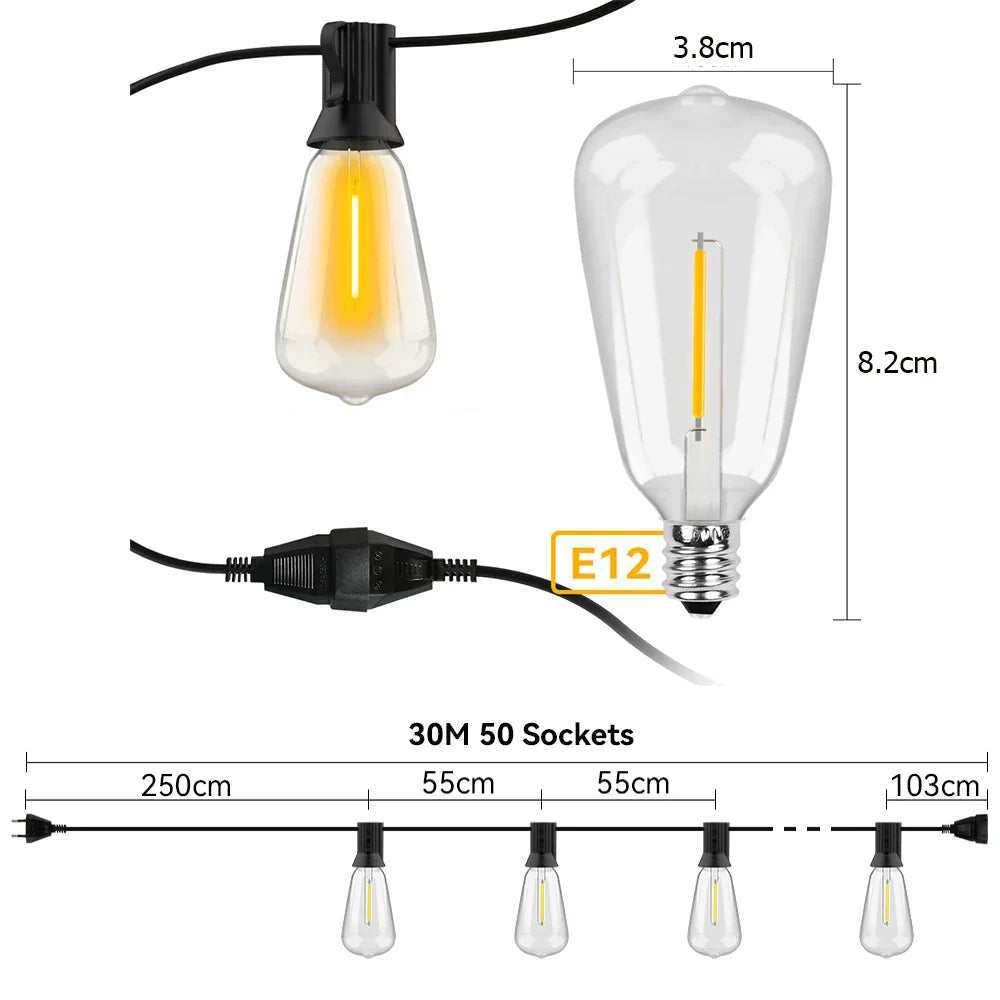 Wetterfeste LED-Lichterkette im Außenbereich, energieeffizient, 30m Länge, beleuchtet Garten bei Nacht, stimmungsvoll.