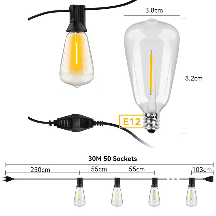 Wetterfeste LED-Lichterkette im Außenbereich, energieeffizient, 30m Länge, beleuchtet Garten bei Nacht, stimmungsvoll.