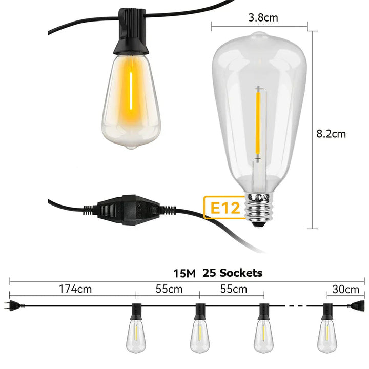 Wetterfeste LED-Lichterkette im Außenbereich, energieeffizient, 30m Länge, beleuchtet Garten bei Nacht, stimmungsvoll.