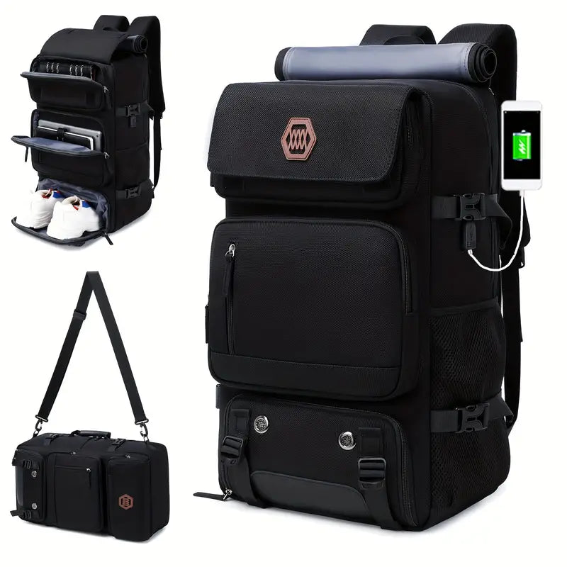 "Wetterfester, wandelbarer Unisex-Reiserucksack mit vielfältigen Fächern, gezeigt in Grau, vorneansicht"