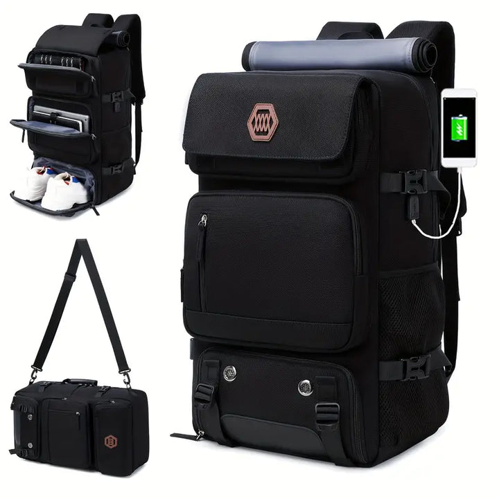 "Wetterfester, wandelbarer Unisex-Reiserucksack mit vielfältigen Fächern, gezeigt in Grau, vorneansicht"