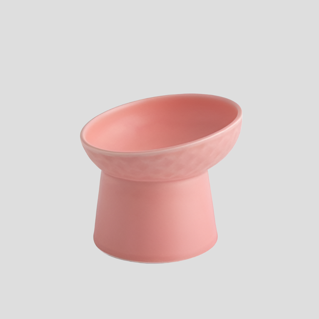 Angled shot of a ceramic tilted cat bowl, showcasing its unique design for digestion aid
