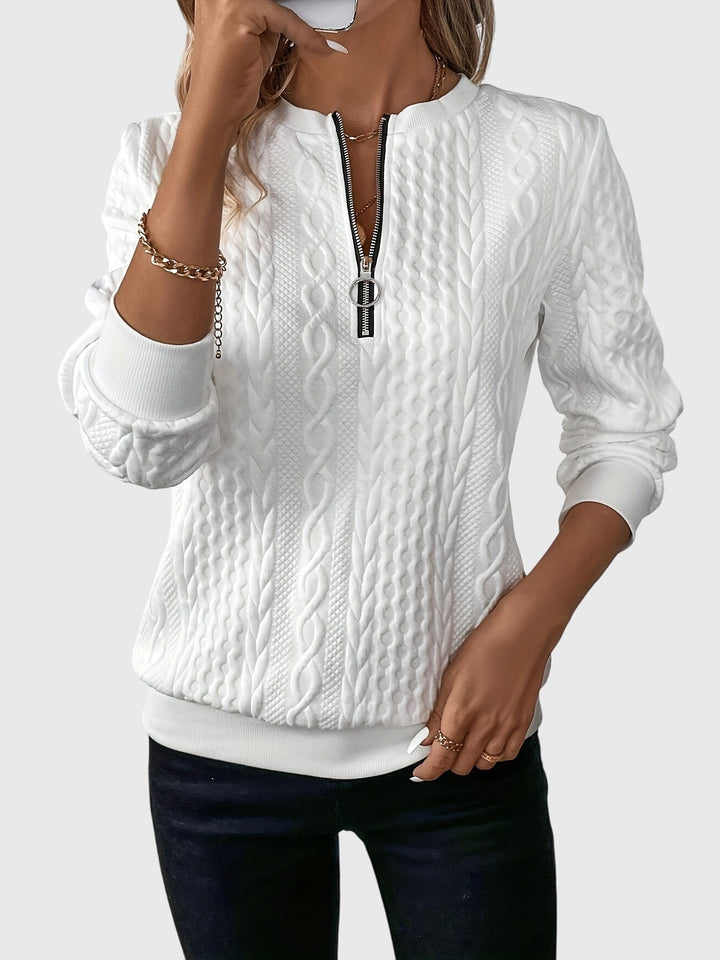 White Harlow Cable Knit Quarter-Zip Sweater for women. Cozy & stylish fall/winter pullover.
