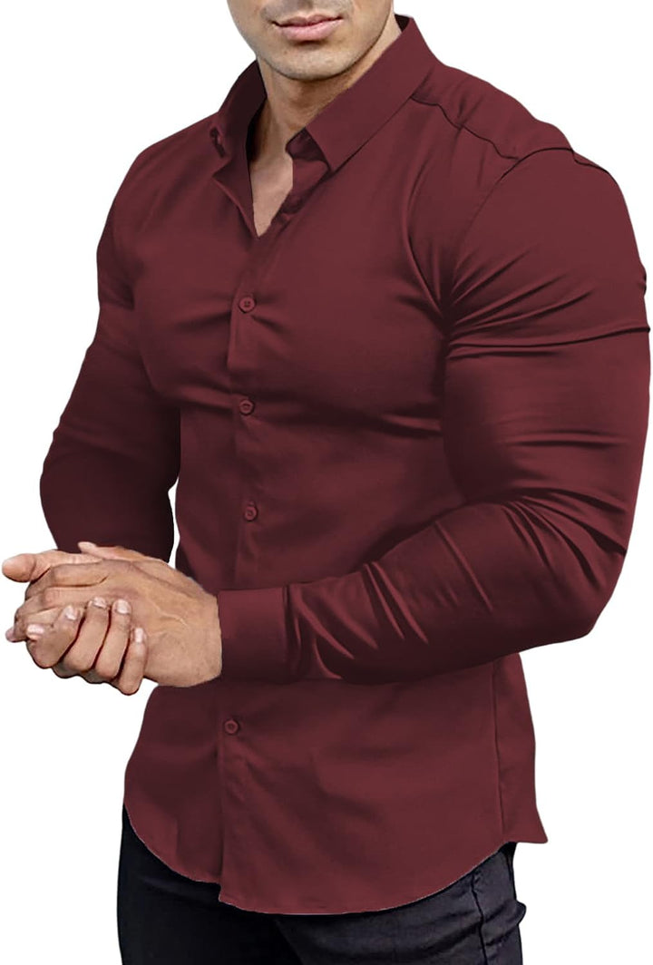 Men's long sleeve slim fit dress shirt, wrinkle-free fabric.