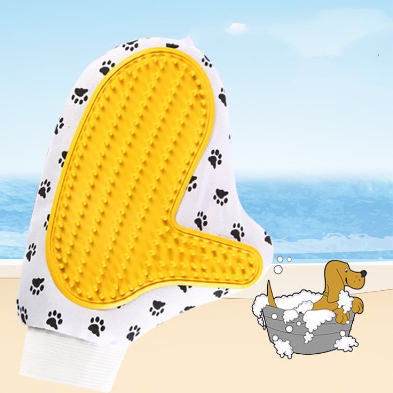 Close-up of flexible white pet grooming massage glove with silicone bristles for dogs and cats
