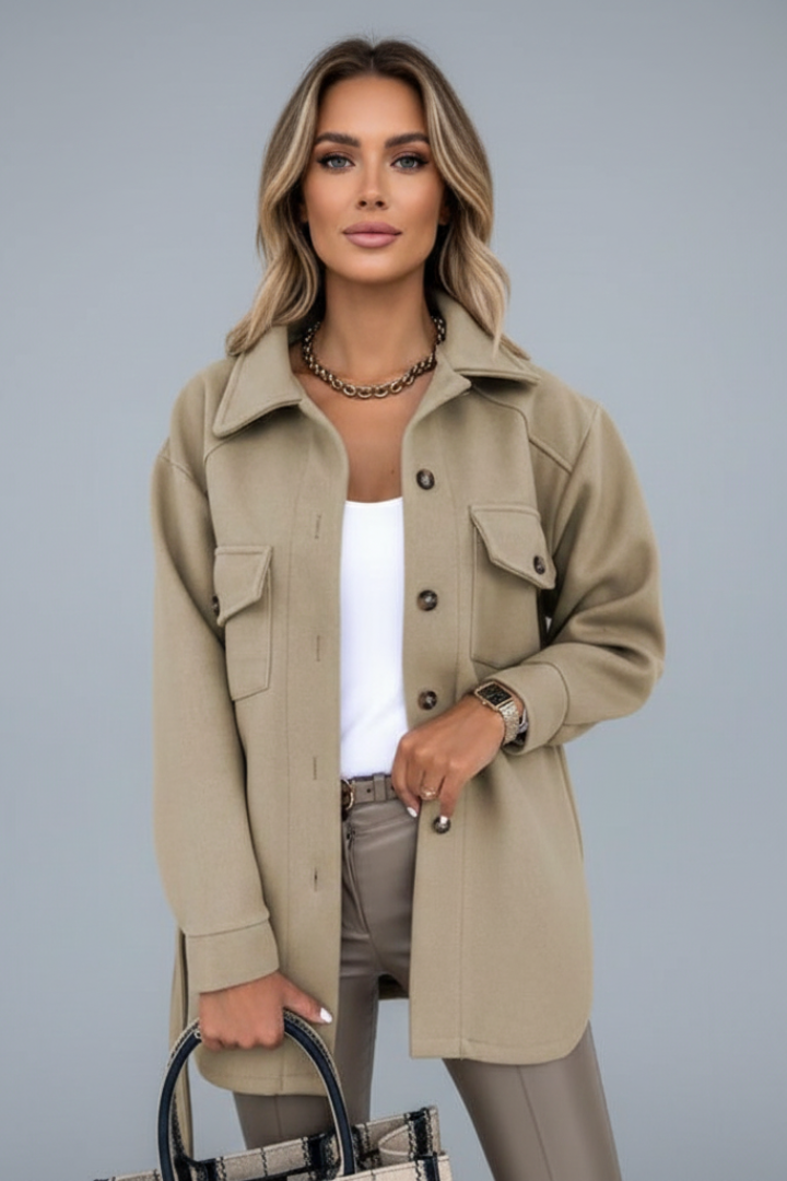 Versatile women's button-front shirt jacket in khaki, straight fit, ideal casual outerwear piece.