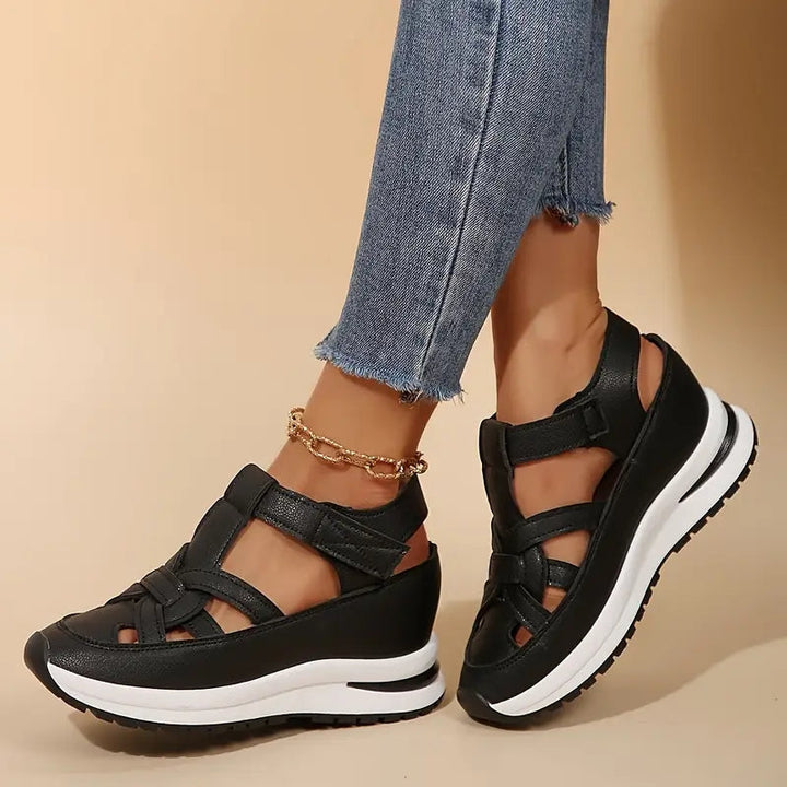 White women's casual flatform sandals, featuring a trendy cut-out design & easy velcro ankle strap.