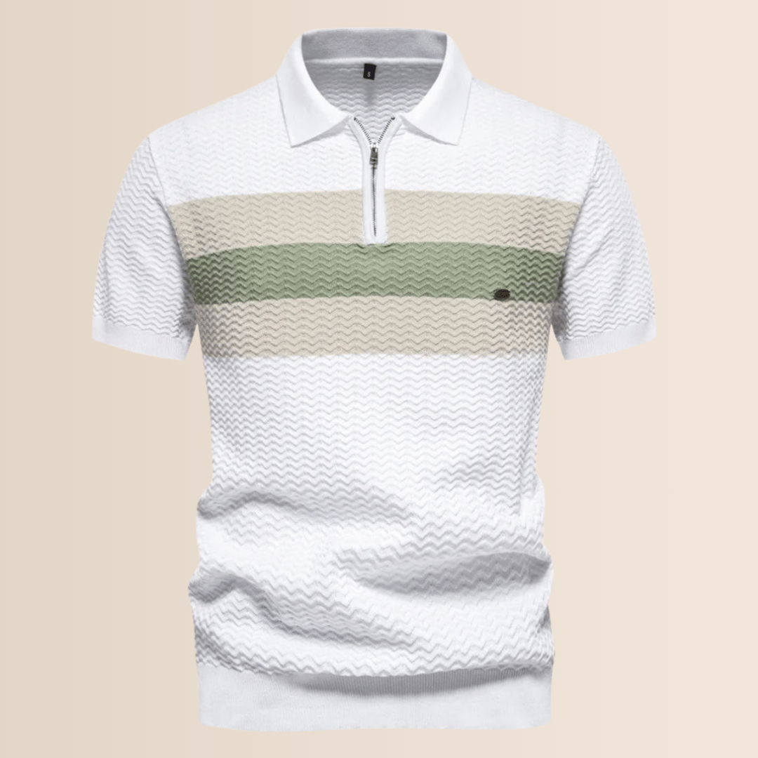 Versatile men's striped half-zip polo shirt. This short-sleeve casual top offers comfort and style for any men's look.