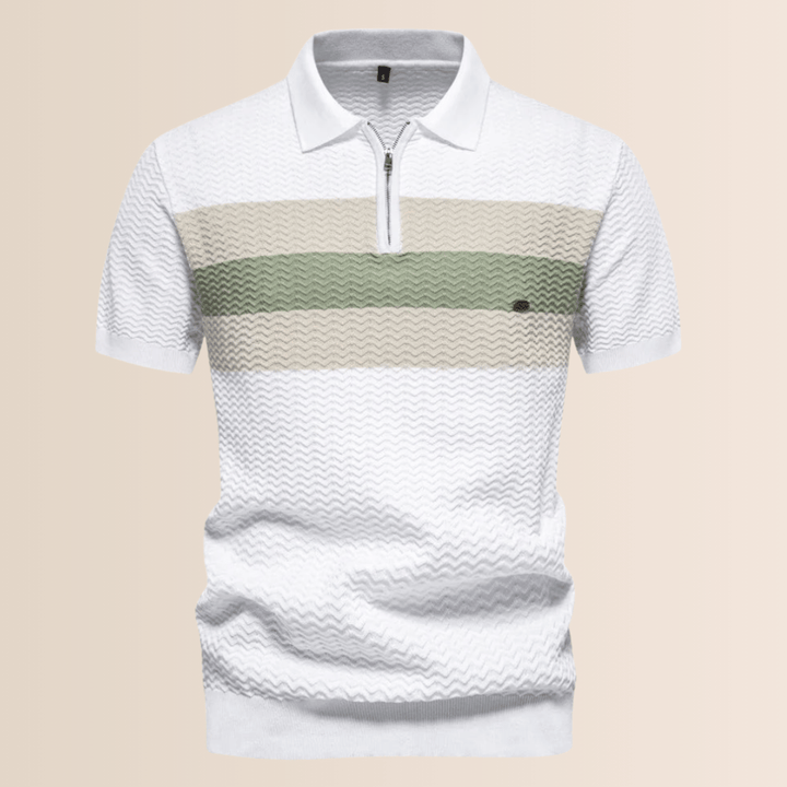 Versatile men's striped half-zip polo shirt. This short-sleeve casual top offers comfort and style for any men's look.