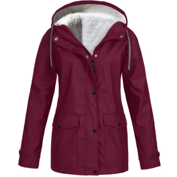 "Wind- und wasserdichte Damen-Outdoor-Jacke mit Kapuze, Fleece-Futter, in Armee Grün, für Camping & Hiking geeignet"