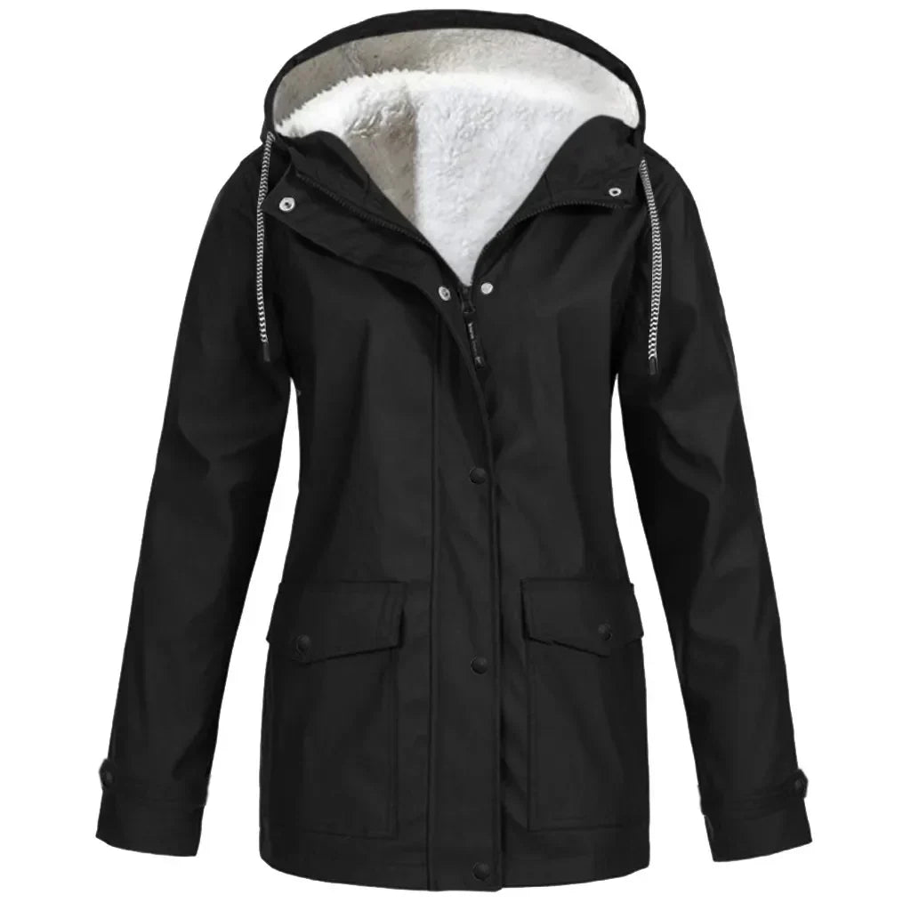 "Wind- und wasserdichte Damen-Outdoor-Jacke mit Kapuze, Fleece-Futter, in Armee Grün, für Camping & Hiking geeignet"