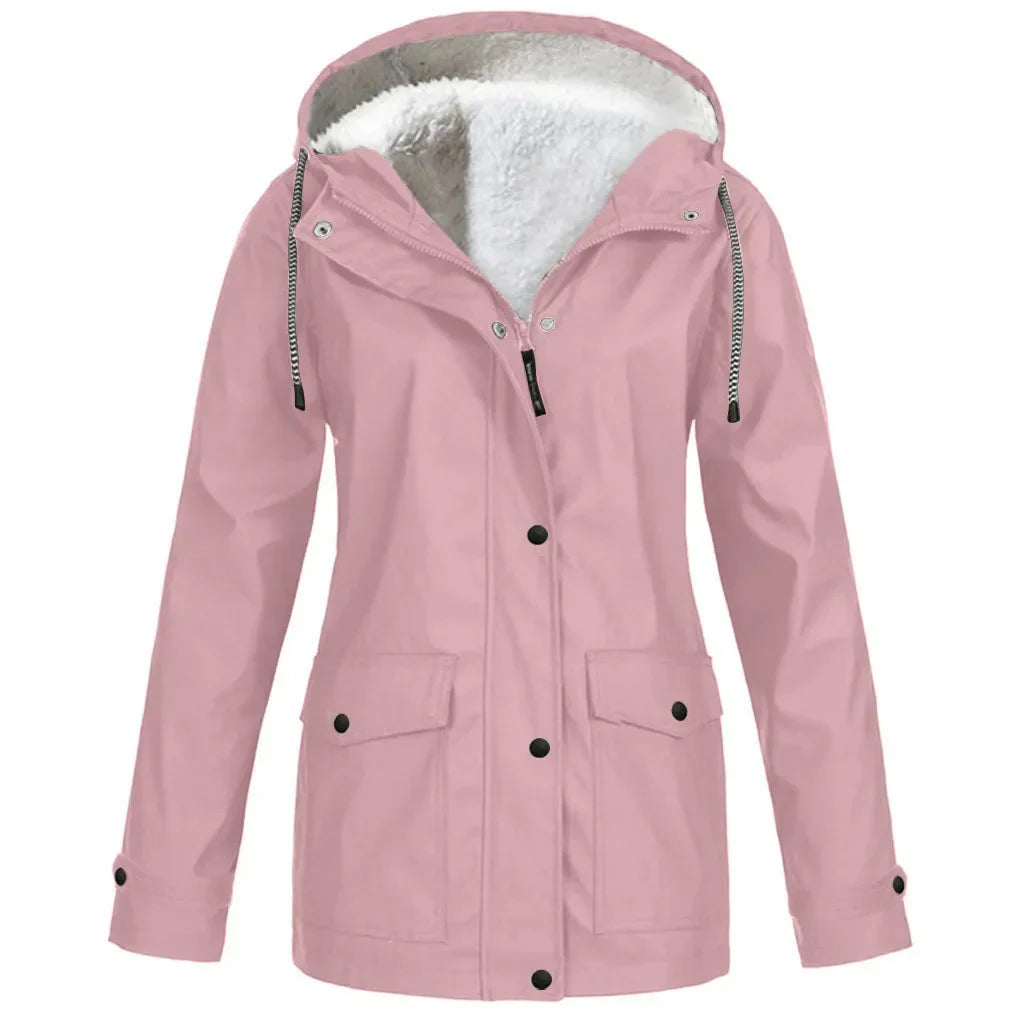 "Wind- und wasserdichte Damen-Outdoor-Jacke mit Kapuze, Fleece-Futter, in Armee Grün, für Camping & Hiking geeignet"