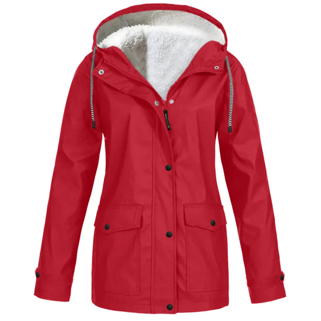 "Wind- und wasserdichte Damen-Outdoor-Jacke mit Kapuze, Fleece-Futter, in Armee Grün, für Camping & Hiking geeignet"