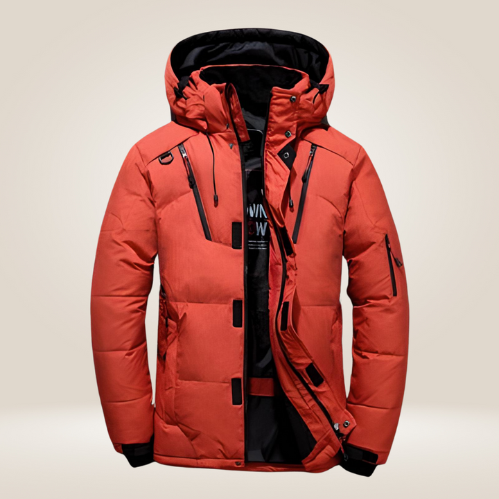 Winterjacke in Rot, wind- und wasserabweisend, mit Daunenfutter, stilvoller Schutz für kalte Tage, Herrenmantel.